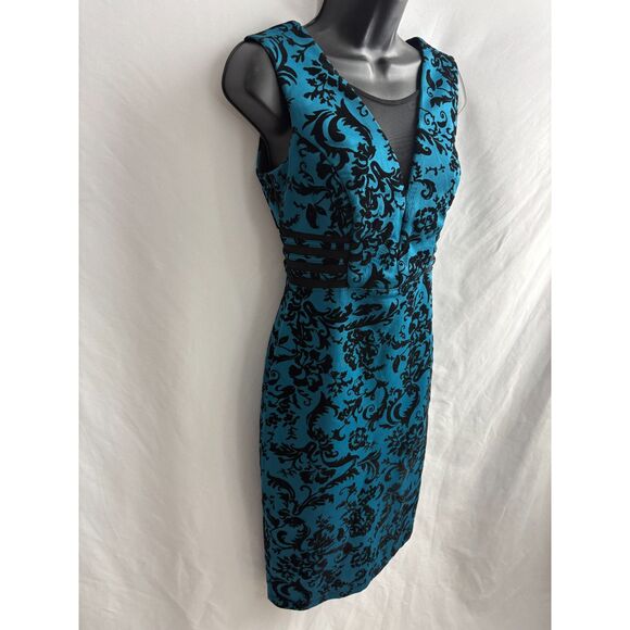 Enfocus Studio Midi Bodycon Cocktail Dress Size 4 Teal Black Floral Mesh Insert - Picture 5 of 9